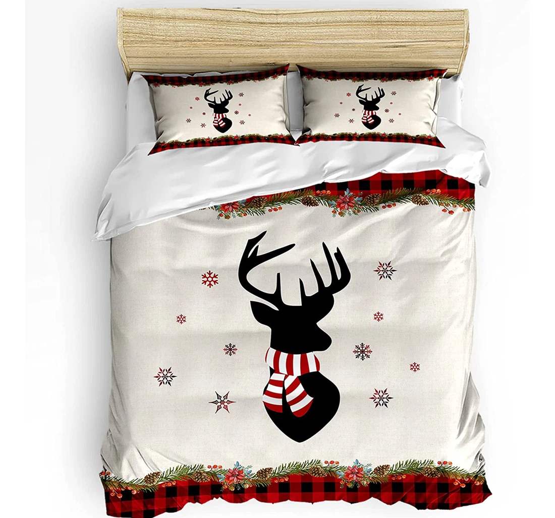 Personalized Bedding Set - Christmas Holiday Elk Shadow Plaid Included 1 Ultra Soft Duvet Cover or Quilt and 2 Lightweight Breathe Pillowcases