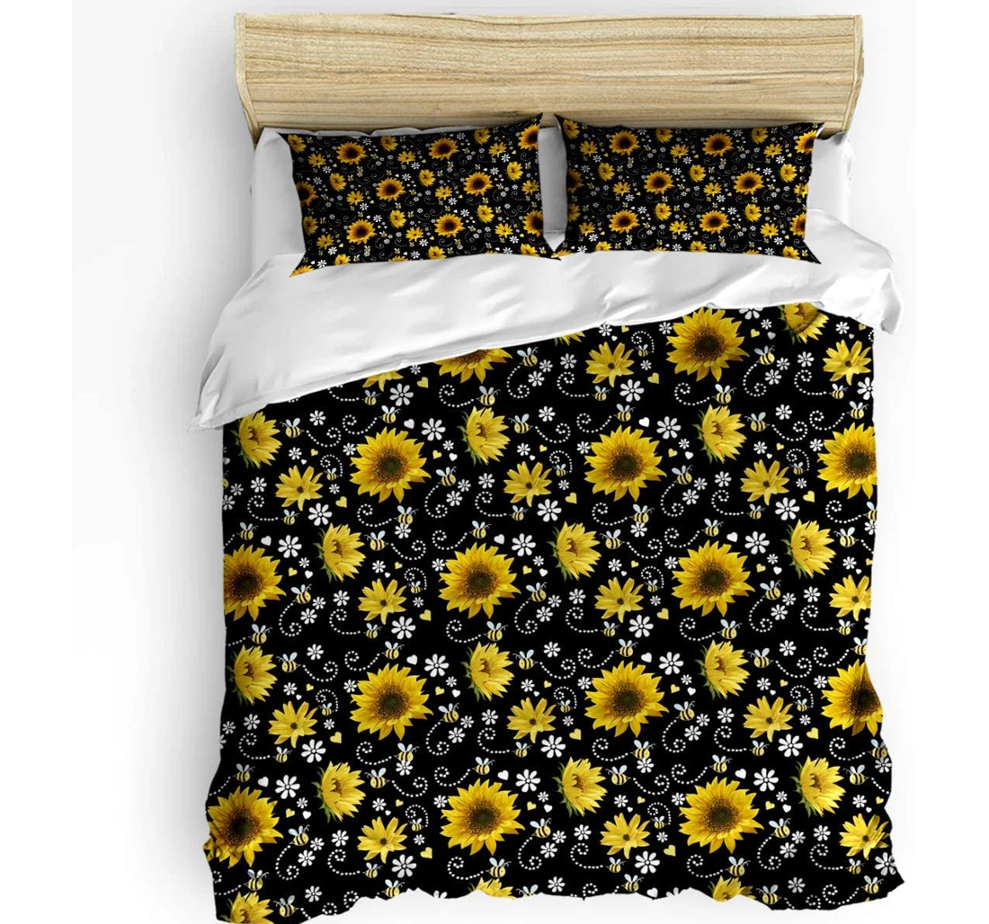 Personalized Bedding Set - Sunflower Bees Flower Black Included 1 Ultra Soft Duvet Cover or Quilt and 2 Lightweight Breathe Pillowcases