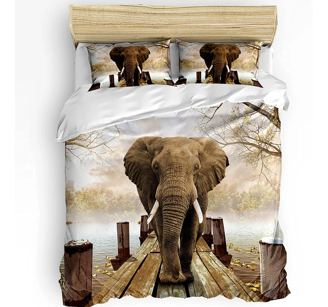 Personalized Bedding Set - Elephant Landscape Autumn Season Fall Trees Leaves Included 1 Ultra Soft Duvet Cover or Quilt and 2 Lightweight Breathe Pillowcases