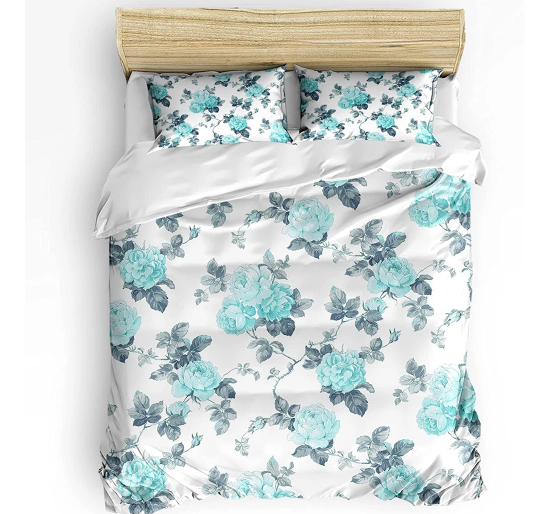 Personalized Bedding Set - Aqua Flowers Leaf Floral Vintage Style Included 1 Ultra Soft Duvet Cover or Quilt and 2 Lightweight Breathe Pillowcases