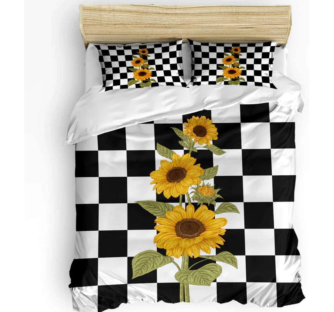Personalized Bedding Set - Watercolor Sunflower Black Check Plaid Included 1 Ultra Soft Duvet Cover or Quilt and 2 Lightweight Breathe Pillowcases