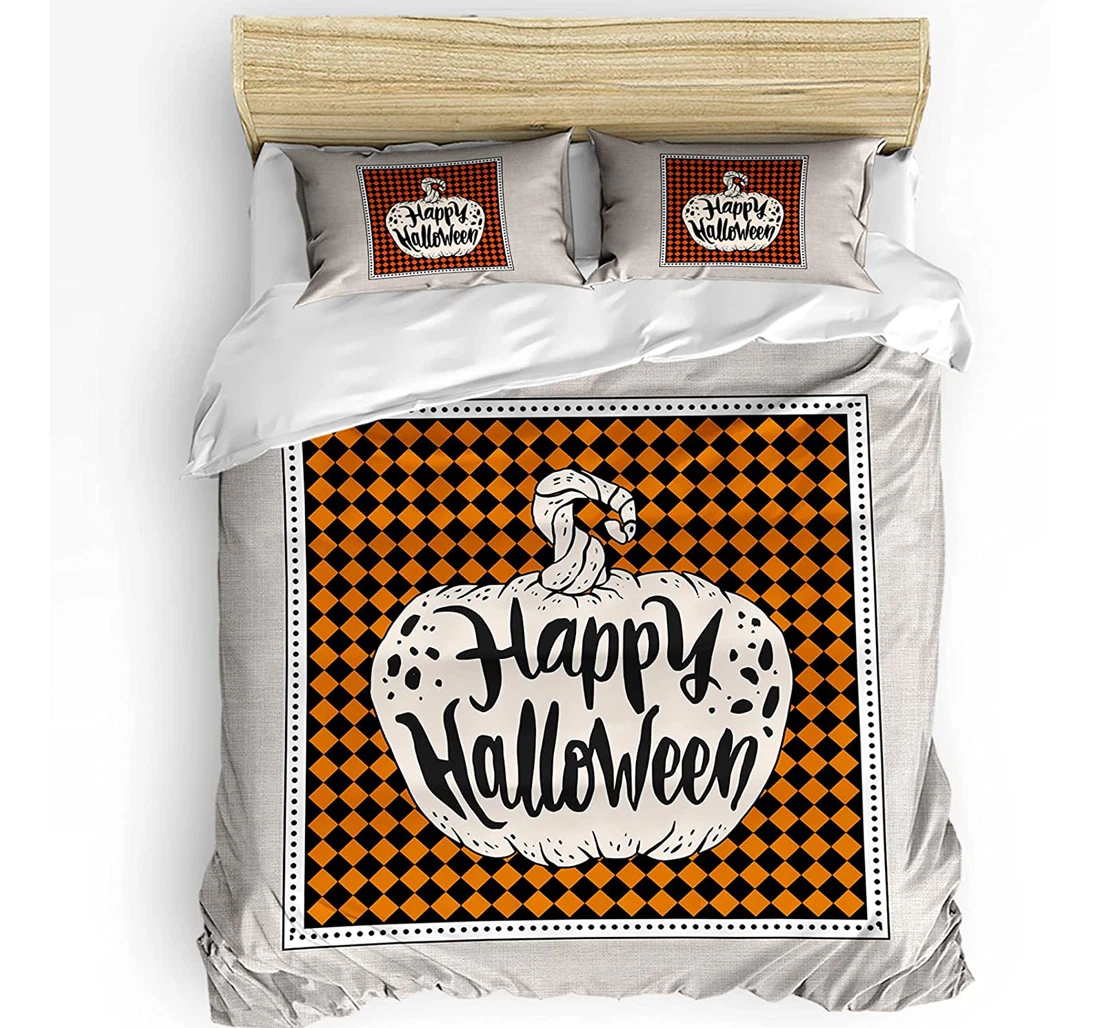 Personalized Bedding Set - Halloween Orange Black Check Plaid Pumpkin Retro Included 1 Ultra Soft Duvet Cover or Quilt and 2 Lightweight Breathe Pillowcases