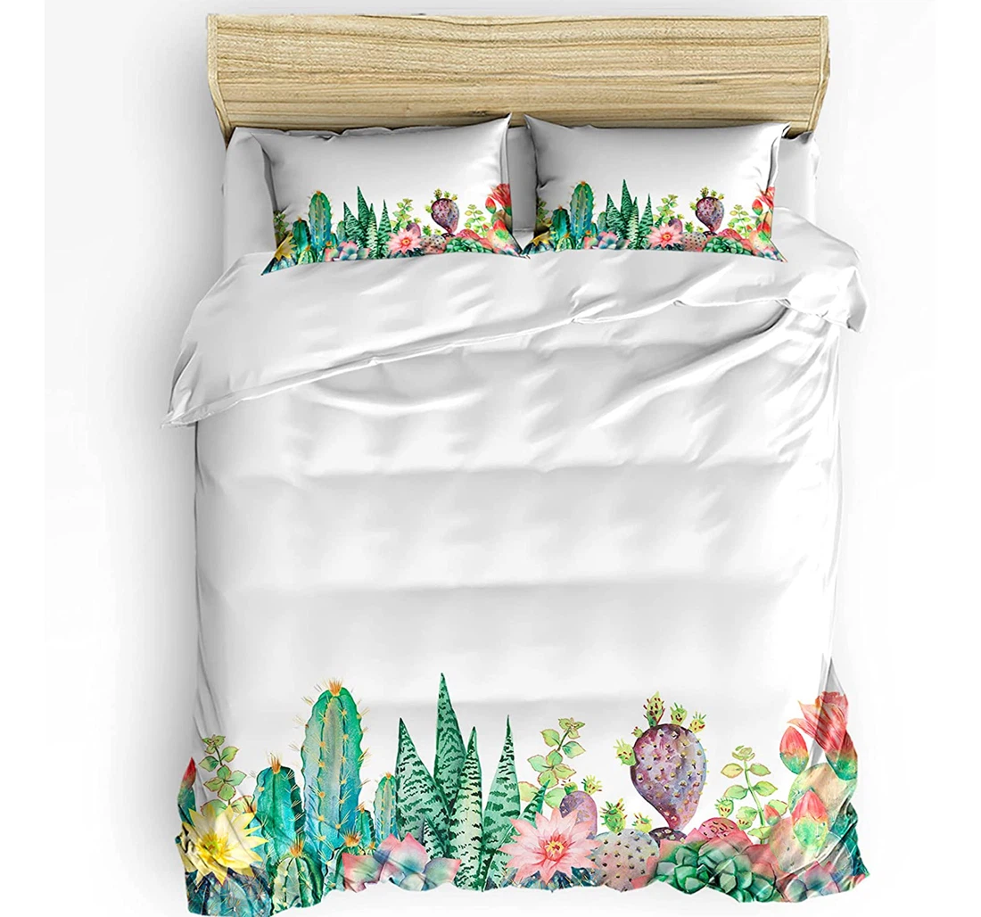 Personalized Bedding Set - Watercolor Cactus Floral Plant Pattern Included 1 Ultra Soft Duvet Cover or Quilt and 2 Lightweight Breathe Pillowcases
