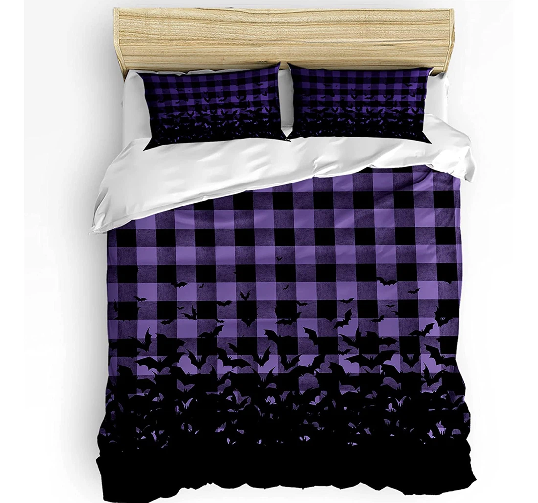 Personalized Bedding Set - Halloween Black Bats Purple Check Plaid Buffalo Included 1 Ultra Soft Duvet Cover or Quilt and 2 Lightweight Breathe Pillowcases