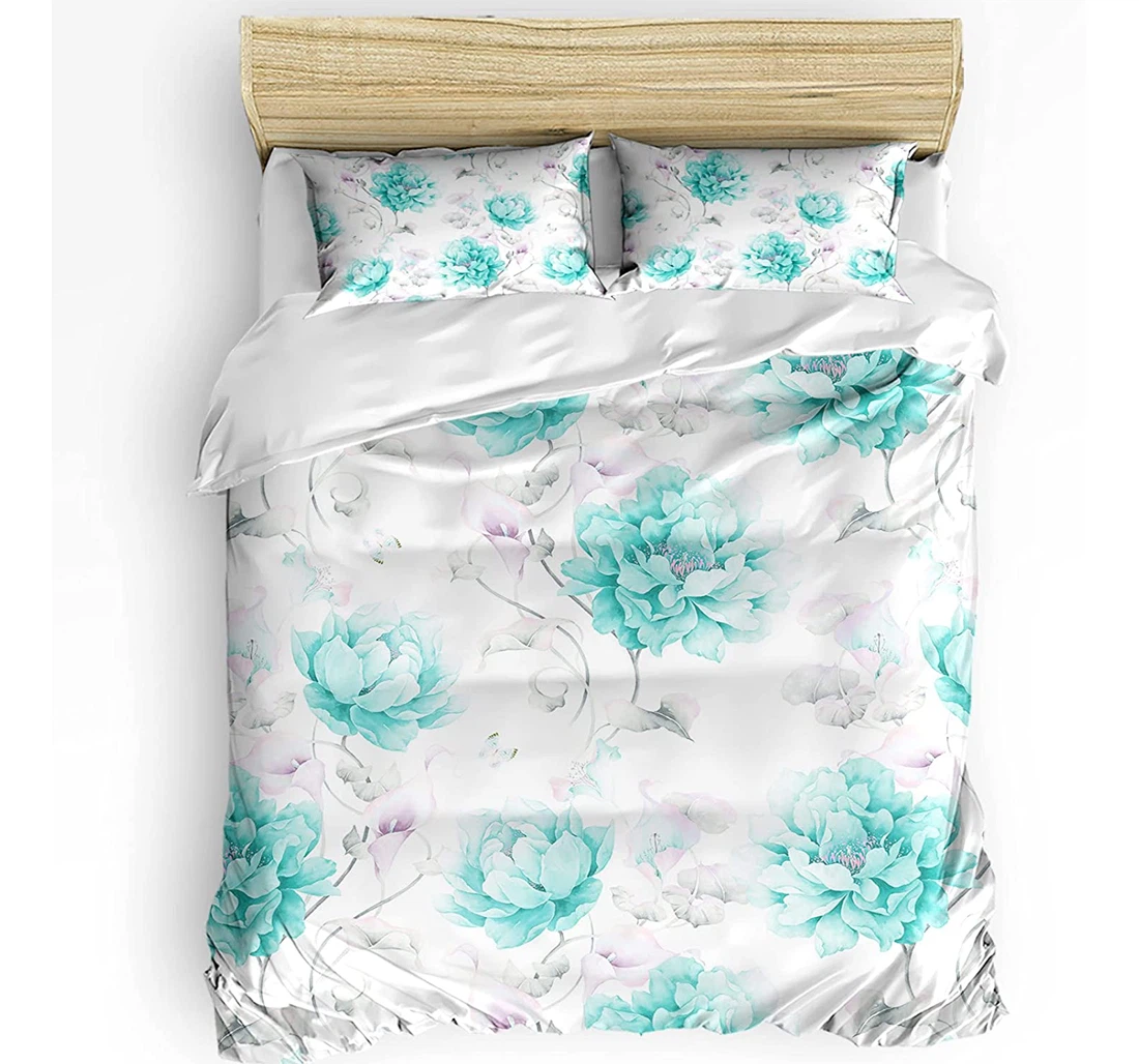 Personalized Bedding Set - Aqua Flowers Watercolor Leaf Floral Vintage Included 1 Ultra Soft Duvet Cover or Quilt and 2 Lightweight Breathe Pillowcases