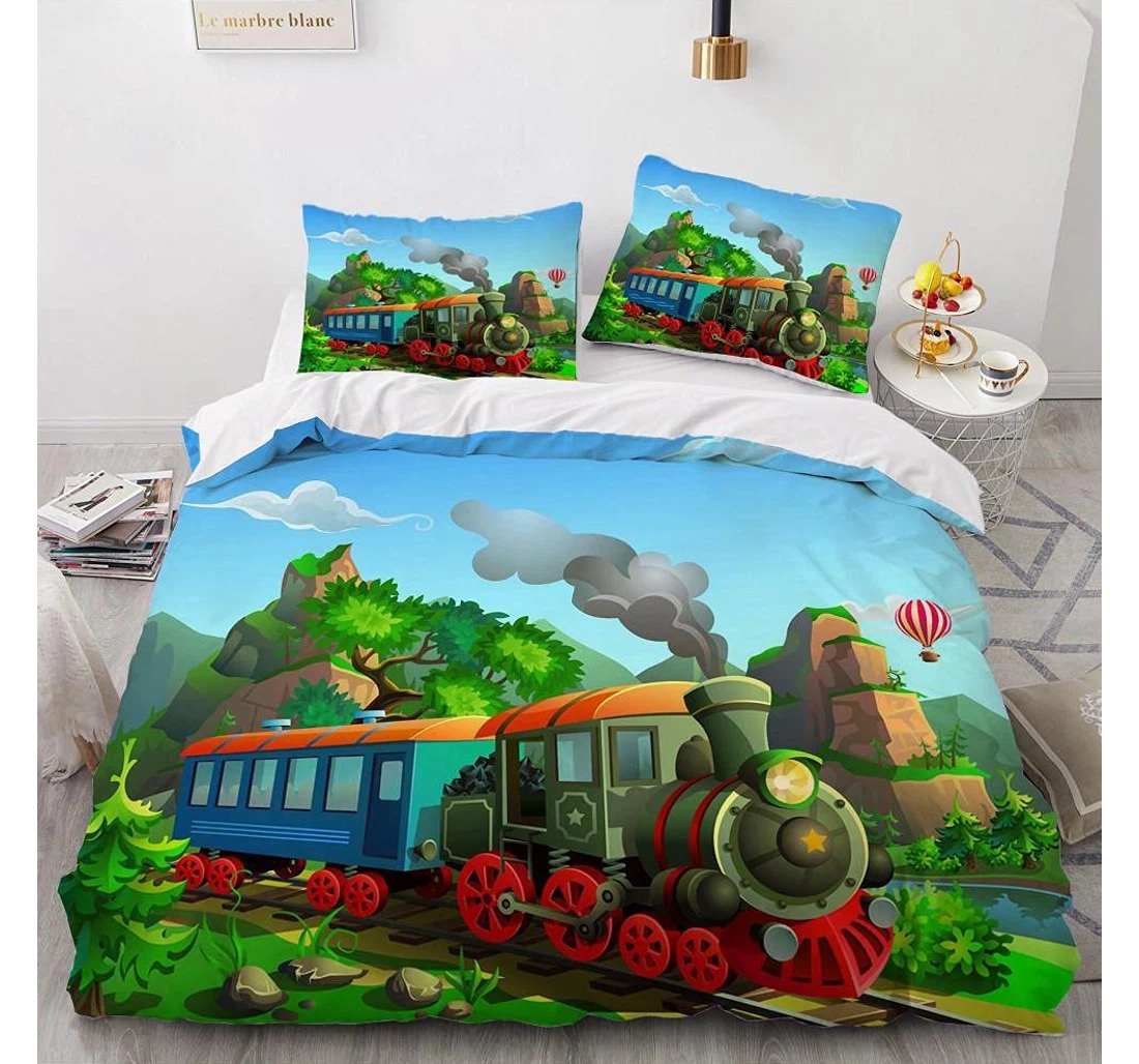 Personalized Bedding Set - Animated Train Full, Teens Included 1 Ultra Soft Duvet Cover or Quilt and 2 Lightweight Breathe Pillowcases