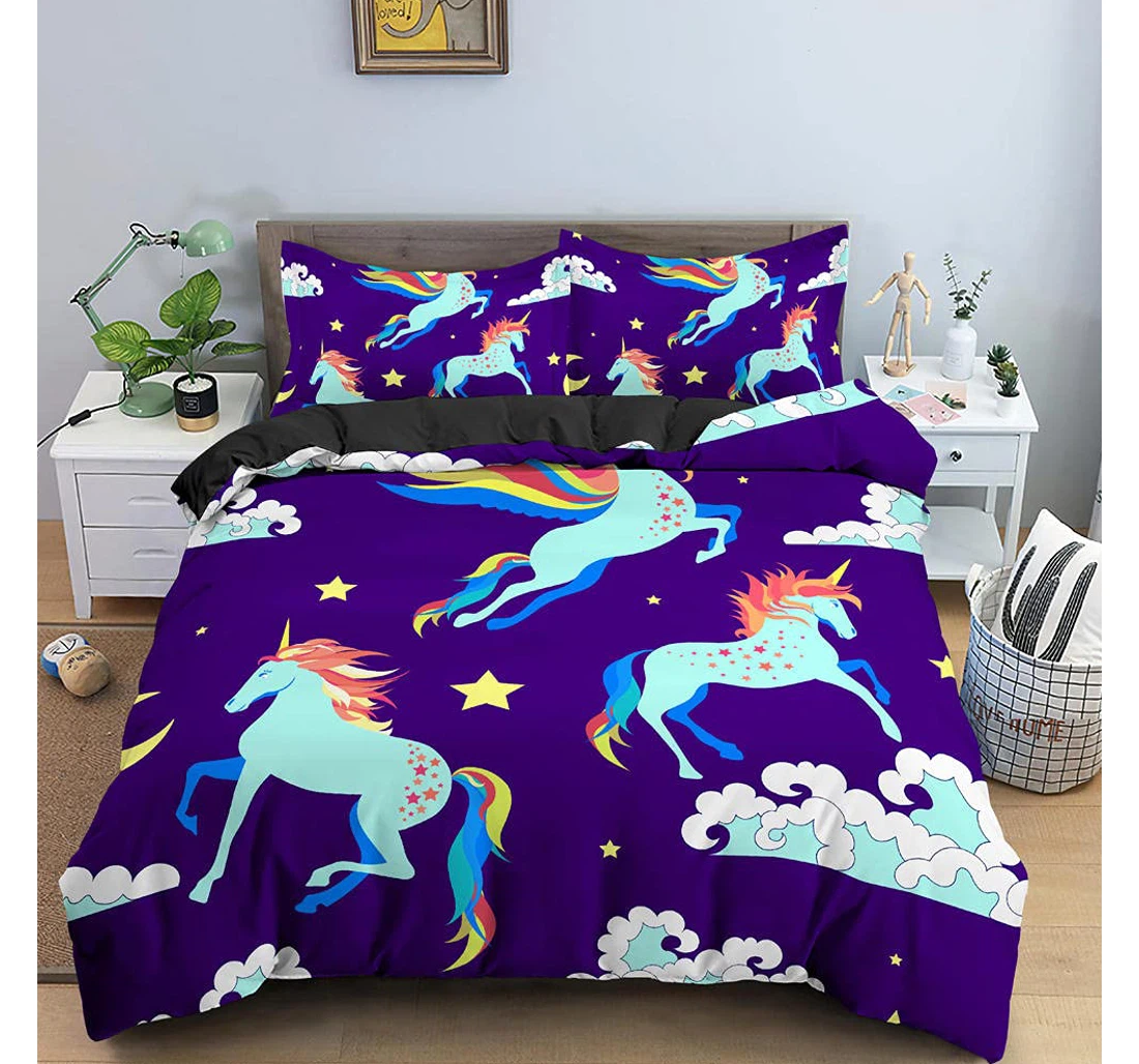 Personalized Bedding Set - Purple Animated Horse Included 1 Ultra Soft Duvet Cover or Quilt and 2 Lightweight Breathe Pillowcases