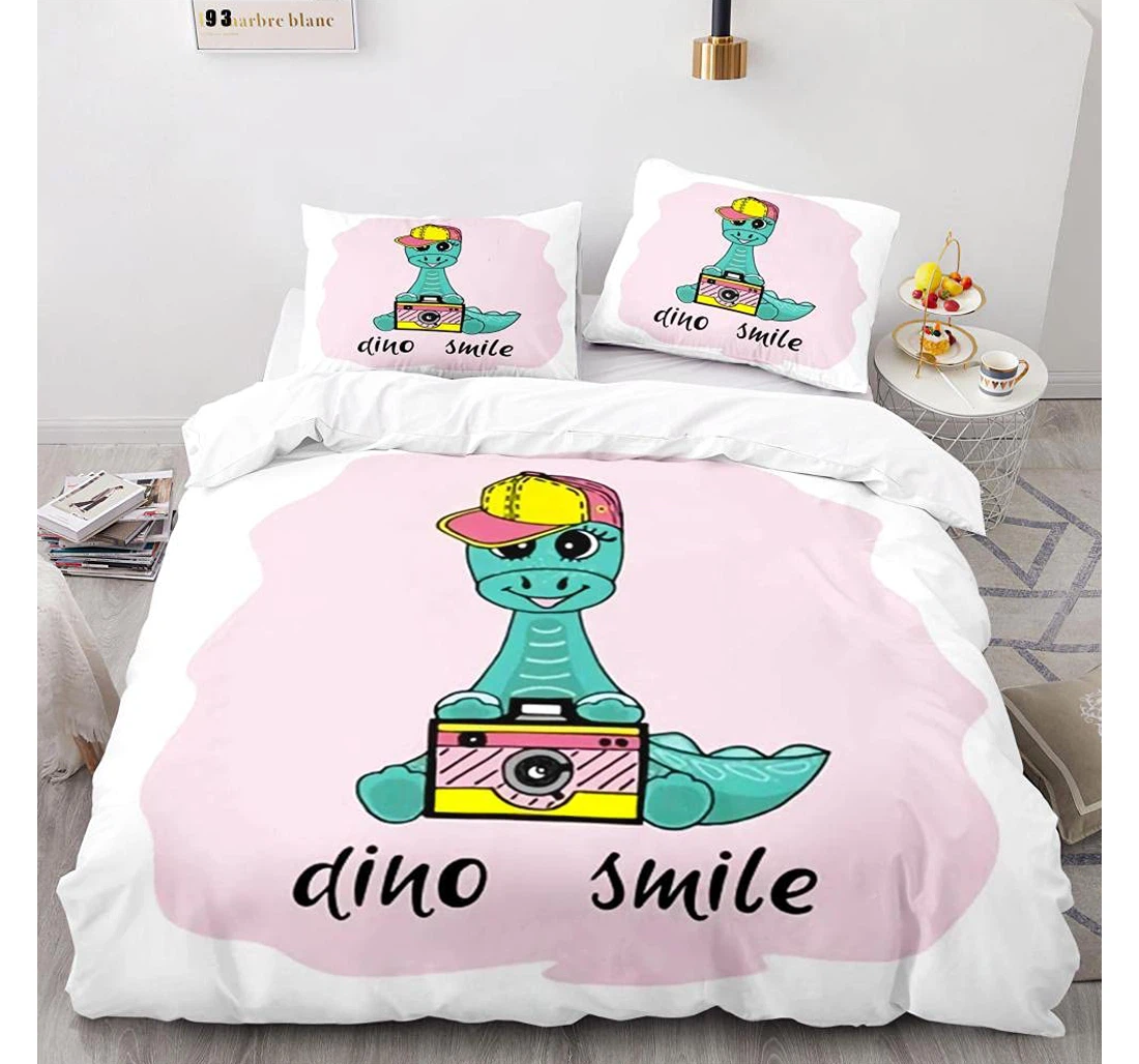 Personalized Bedding Set - Animated Little Dinosaur Included 1 Ultra Soft Duvet Cover or Quilt and 2 Lightweight Breathe Pillowcases