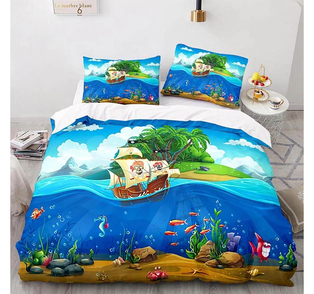 Personalized Bedding Set - Animated Ocean Scenery Included 1 Ultra Soft Duvet Cover or Quilt and 2 Lightweight Breathe Pillowcases