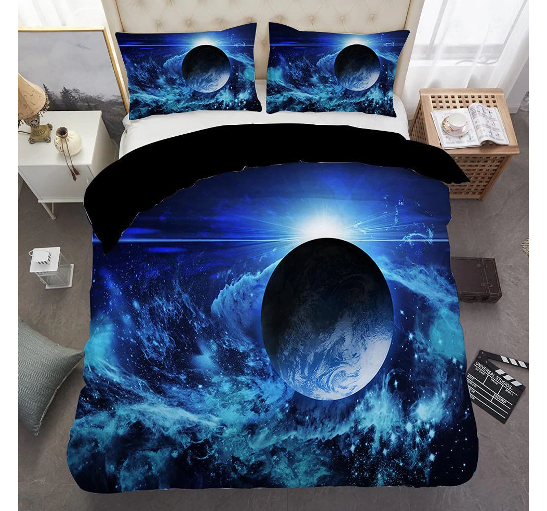 Personalized Bedding Set - Blue Earth Starry Sky Corner Ties Included 1 Ultra Soft Duvet Cover or Quilt and 2 Lightweight Breathe Pillowcases