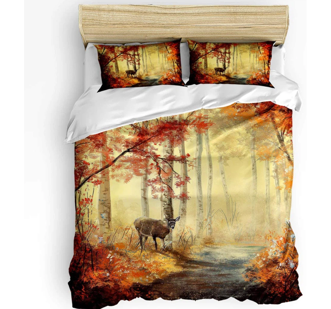 Personalized Bedding Set - Deer The Autumn Forest Cozy Path Landscape Included 1 Ultra Soft Duvet Cover or Quilt and 2 Lightweight Breathe Pillowcases