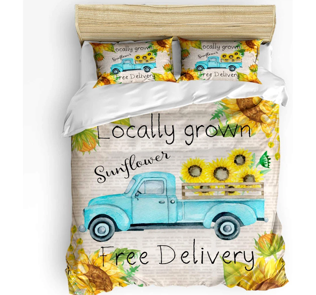 Personalized Bedding Set - Sunflowers Truck Cozy Locally Grown Vintage Backdrop Included 1 Ultra Soft Duvet Cover or Quilt and 2 Lightweight Breathe Pillowcases