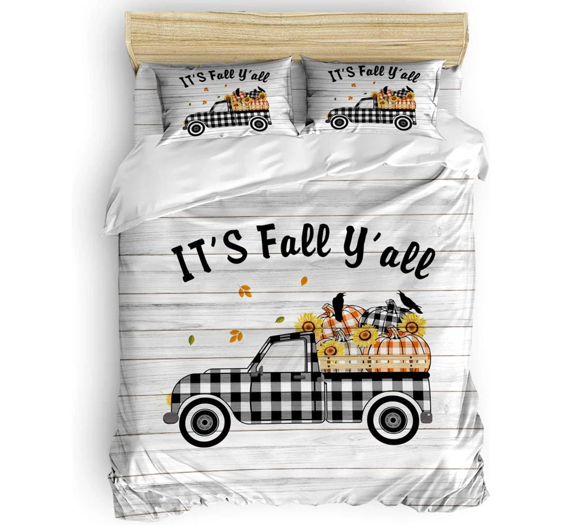 Personalized Bedding Set - Thanksgiving Fall Truck Pumpkin Sunflower Wooden Grain Included 1 Ultra Soft Duvet Cover or Quilt and 2 Lightweight Breathe Pillowcases