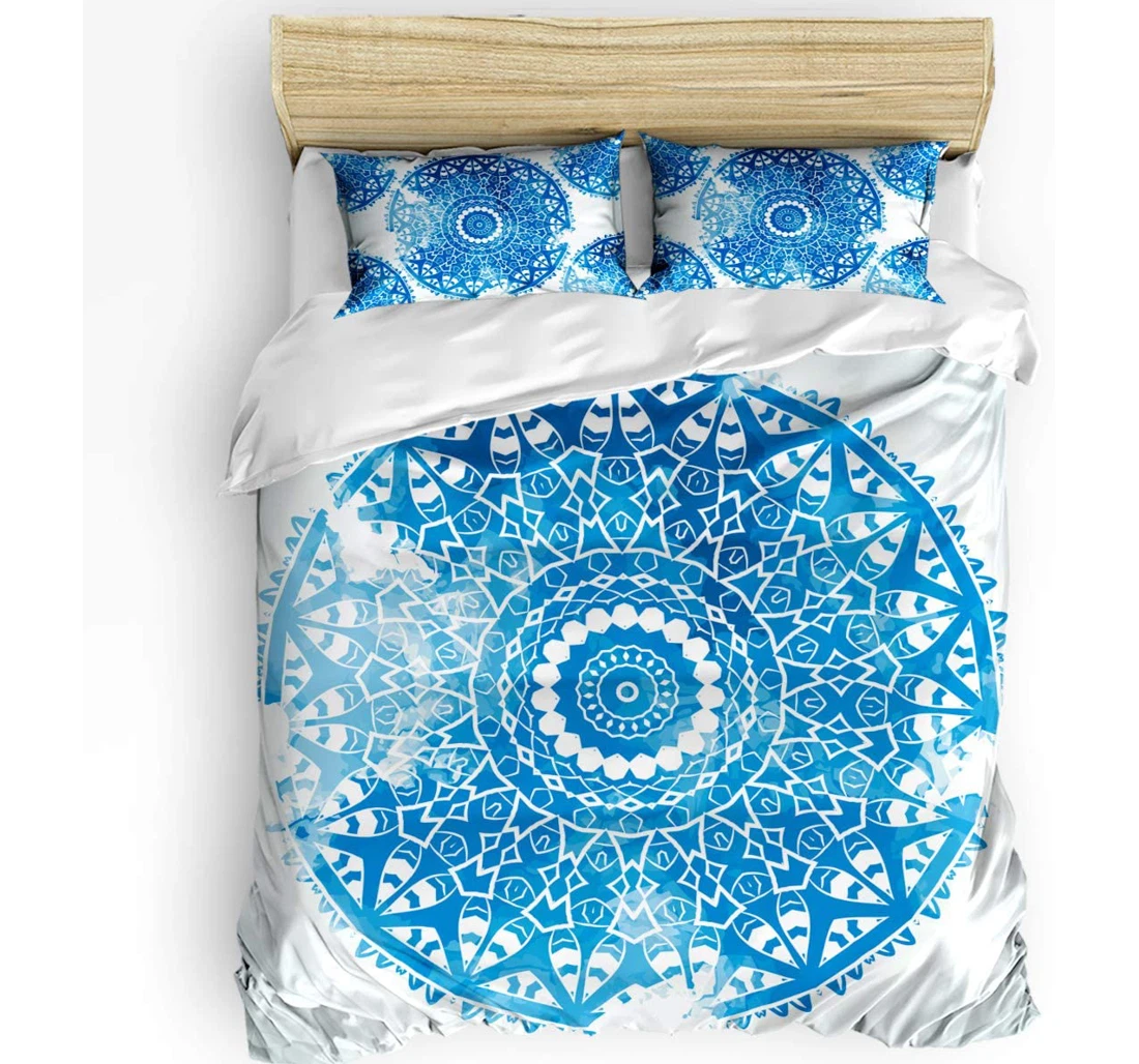 Personalized Bedding Set - Blue Mandala Floral Cozy Retro Ethnic Style Included 1 Ultra Soft Duvet Cover or Quilt and 2 Lightweight Breathe Pillowcases