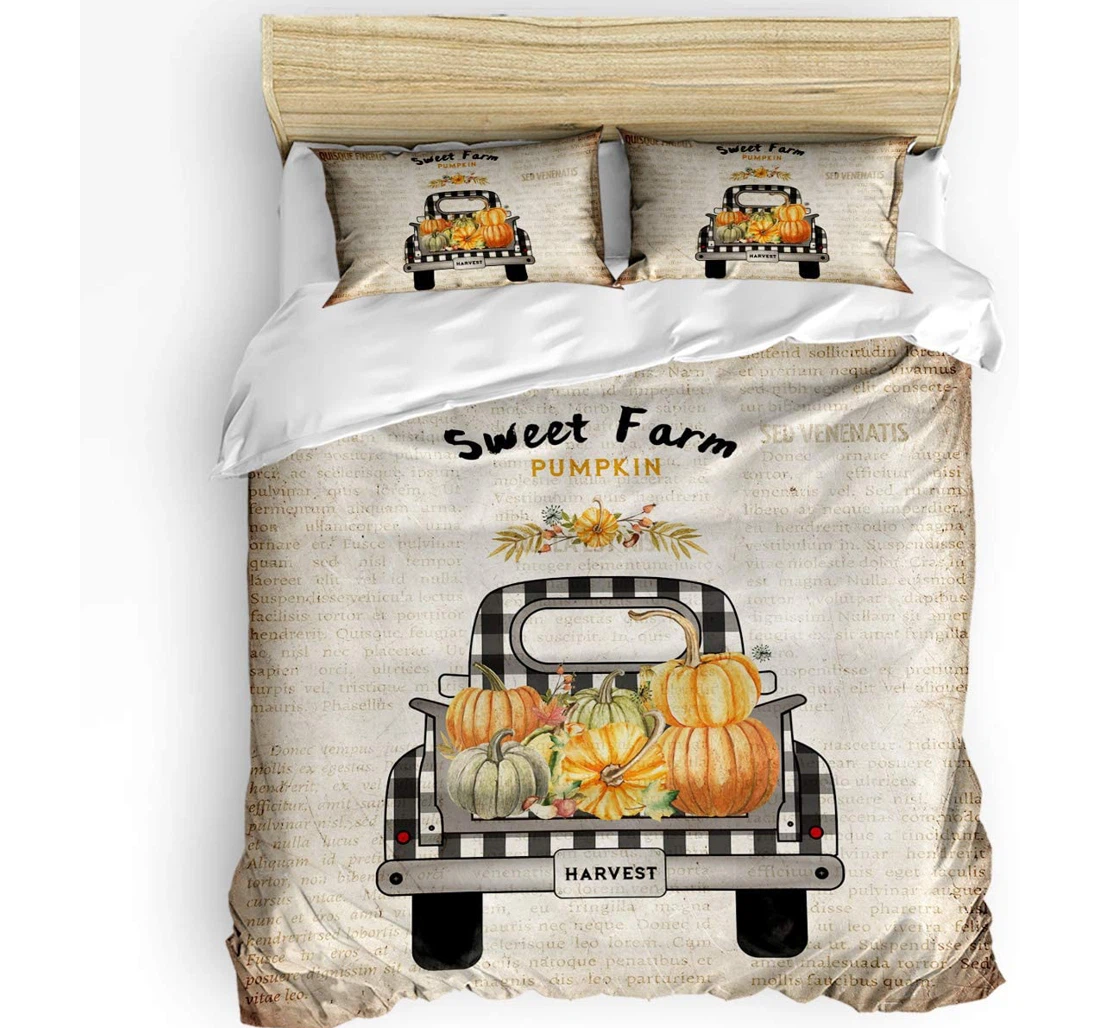 Personalized Bedding Set - Sweet Farm Pumpkin Plaid Truck On Vintage Newspaper Backdrop Cozy Included 1 Ultra Soft Duvet Cover or Quilt and 2 Lightweight Breathe Pillowcases
