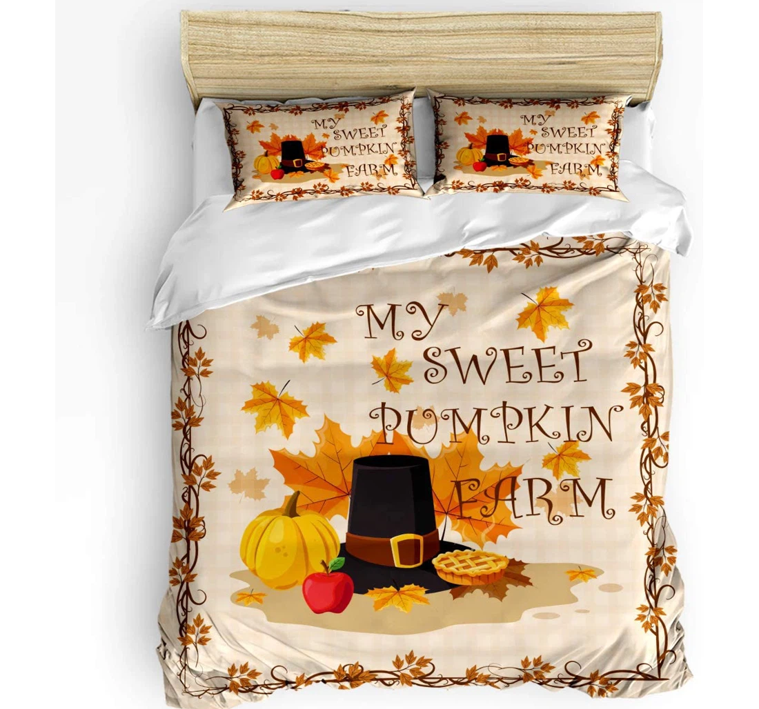 Personalized Bedding Set - My Sweet Pumpkin Farm Hat Cozy Autumn S Leaf Border Included 1 Ultra Soft Duvet Cover or Quilt and 2 Lightweight Breathe Pillowcases