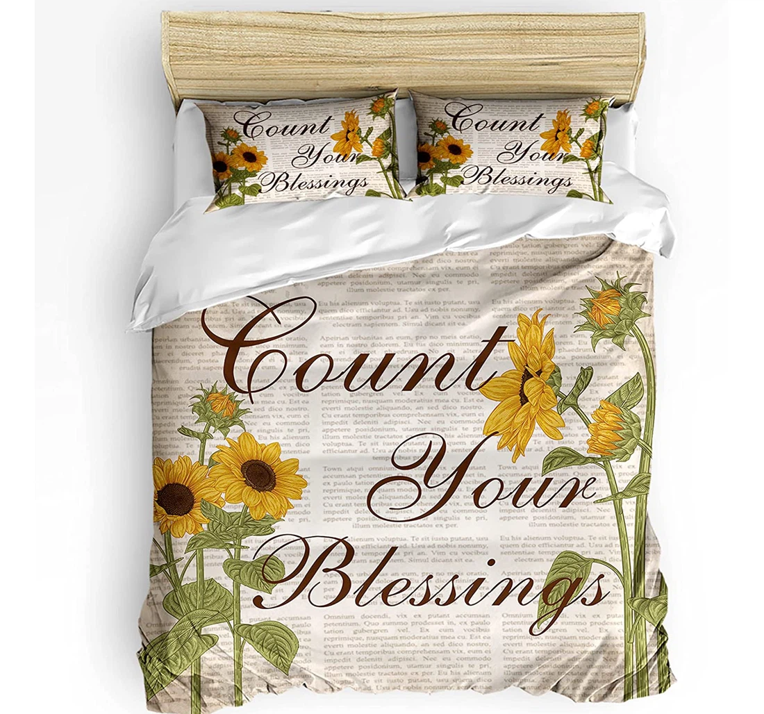 Personalized Bedding Set - Sunflowers Count You Blessings Cozy Retro Text Backdrop Included 1 Ultra Soft Duvet Cover or Quilt and 2 Lightweight Breathe Pillowcases