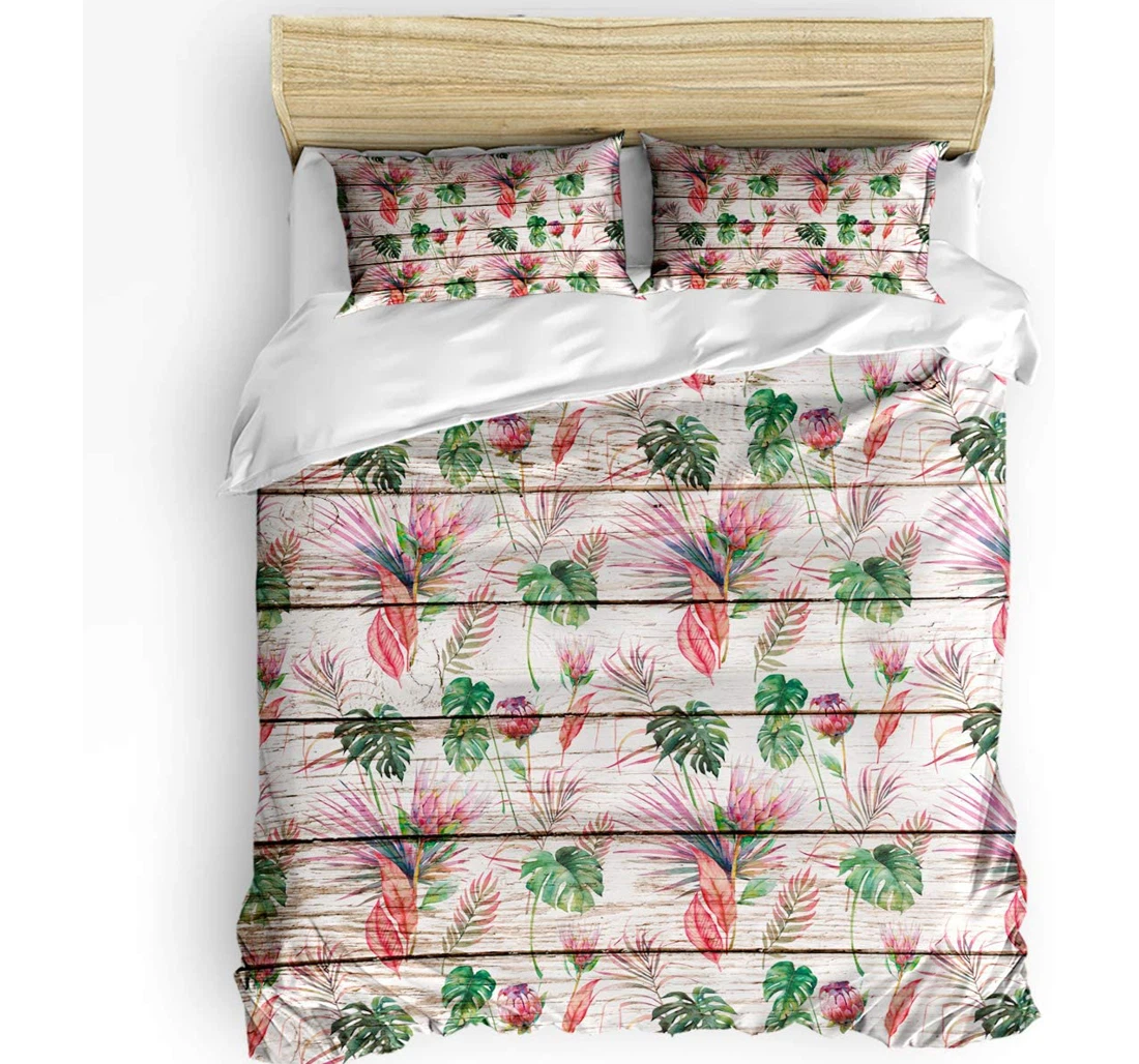 Personalized Bedding Set - Green Monstera Deliciosa Cozy Pink Protea Flowers Wooden Grain Included 1 Ultra Soft Duvet Cover or Quilt and 2 Lightweight Breathe Pillowcases