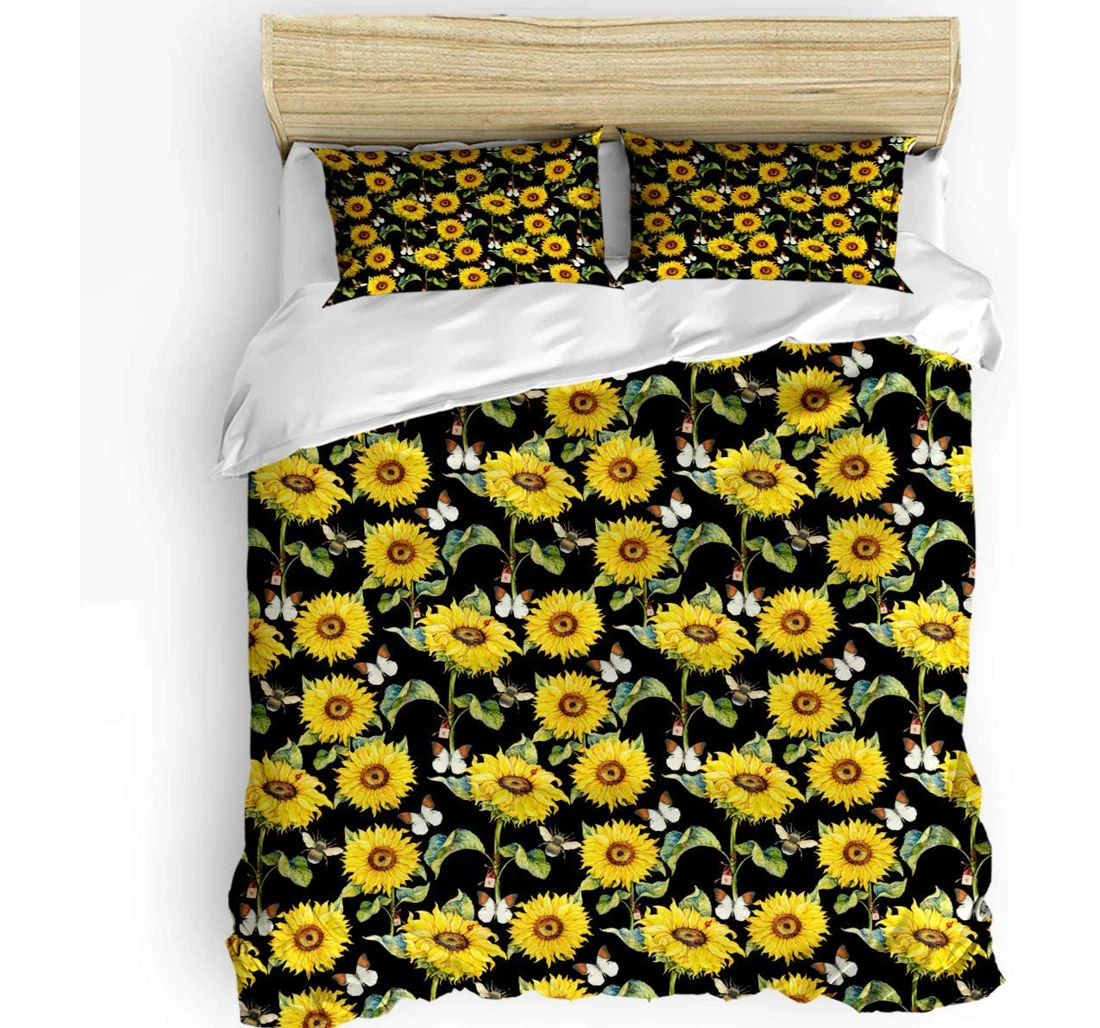 Personalized Bedding Set - Sunflowers Butterflies Bee Cozy Yellow Floral Black Backdrop Included 1 Ultra Soft Duvet Cover or Quilt and 2 Lightweight Breathe Pillowcases