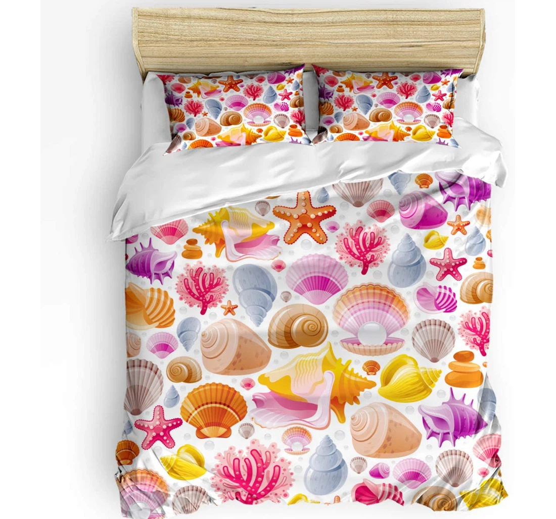 Personalized Bedding Set - Shell Starfish Conch Paint Cozy Colorful Illustraction Included 1 Ultra Soft Duvet Cover or Quilt and 2 Lightweight Breathe Pillowcases