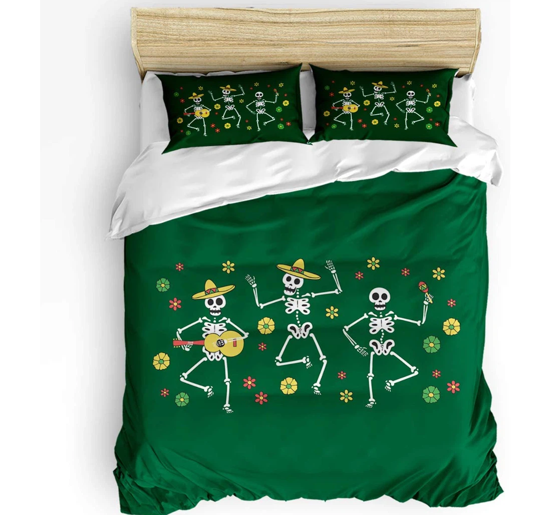 Personalized Bedding Set - Mexican Death Day Cozy Dancing Skull Green Included 1 Ultra Soft Duvet Cover or Quilt and 2 Lightweight Breathe Pillowcases