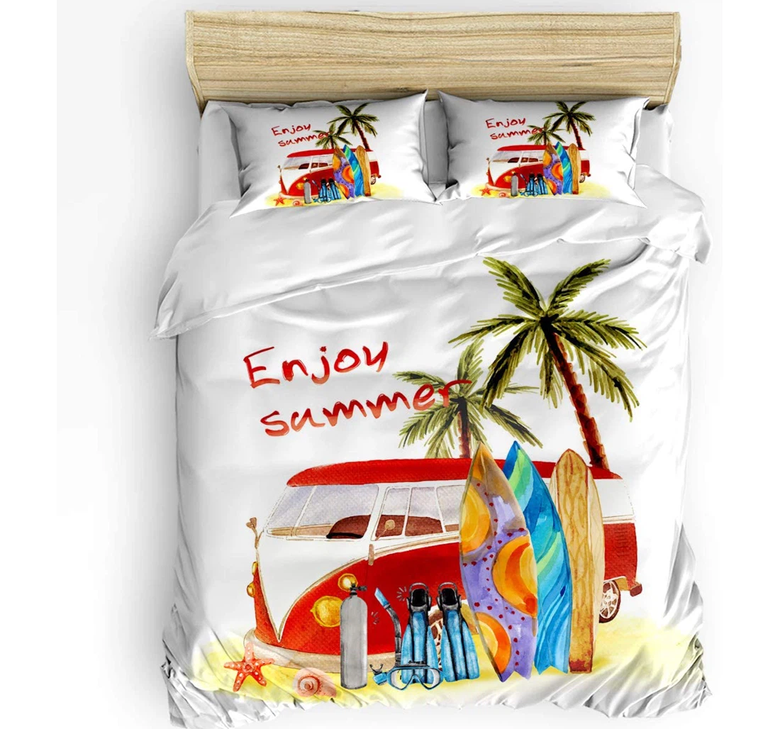 Personalized Bedding Set - Beach Surfboard Bus Watercolor Paint Cozy Enjoy Summer Included 1 Ultra Soft Duvet Cover or Quilt and 2 Lightweight Breathe Pillowcases