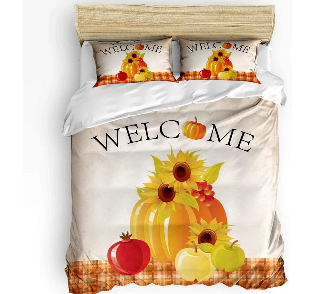 Personalized Bedding Set - Welcome Autumn Pumpkin Sunflowers Cozy Vintage Orange Plaid Included 1 Ultra Soft Duvet Cover or Quilt and 2 Lightweight Breathe Pillowcases