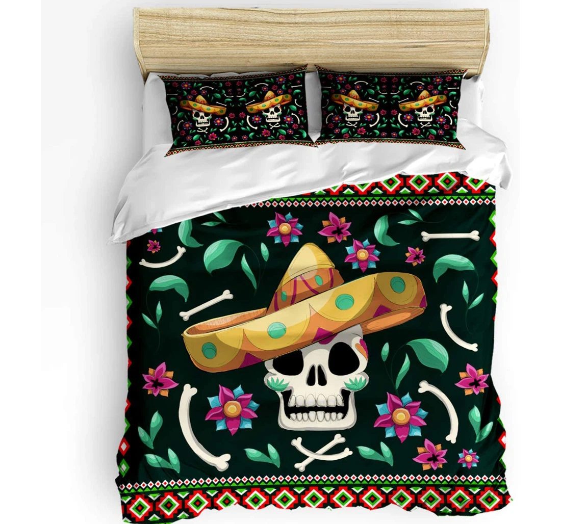 Personalized Bedding Set - Mexican Skull Straw Hat Flower Geometry Floral Cozy Included 1 Ultra Soft Duvet Cover or Quilt and 2 Lightweight Breathe Pillowcases
