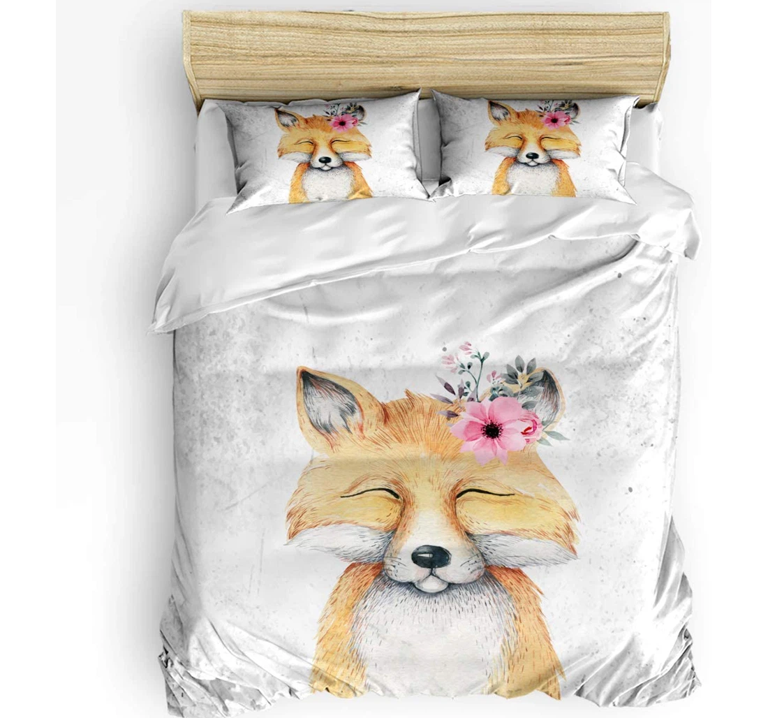 Personalized Bedding Set - Cute Fox Flower Wreat Watercolor Pattern Cozy Included 1 Ultra Soft Duvet Cover or Quilt and 2 Lightweight Breathe Pillowcases
