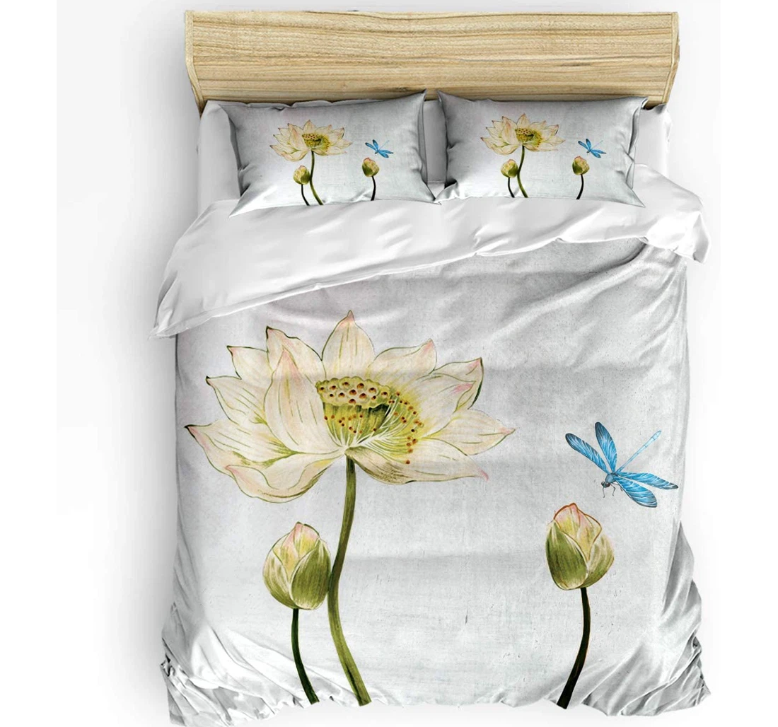Personalized Bedding Set - Hand Drawn Dragonfly Lotus Pattern Cozy Included 1 Ultra Soft Duvet Cover or Quilt and 2 Lightweight Breathe Pillowcases