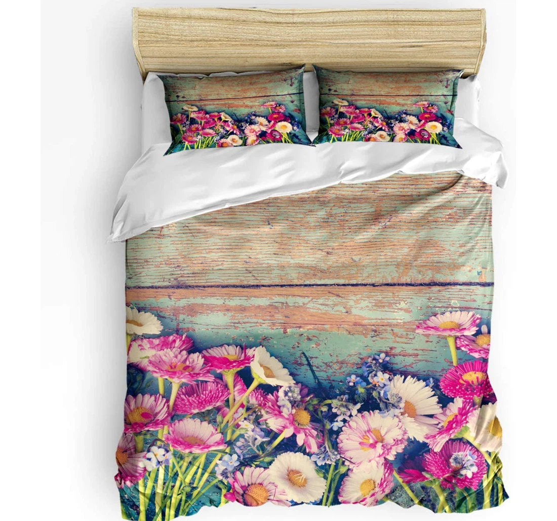 Personalized Bedding Set - Colorful Daisies On Vintage Wood Grain Cozy Included 1 Ultra Soft Duvet Cover or Quilt and 2 Lightweight Breathe Pillowcases