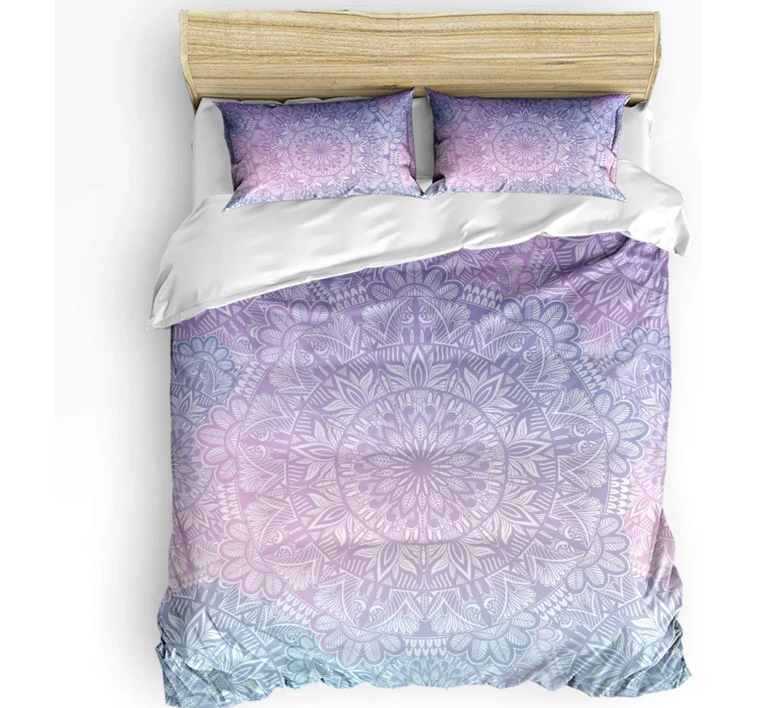 Personalized Bedding Set - Purple Gradient Mandala Flower Pattern Cozy Included 1 Ultra Soft Duvet Cover or Quilt and 2 Lightweight Breathe Pillowcases