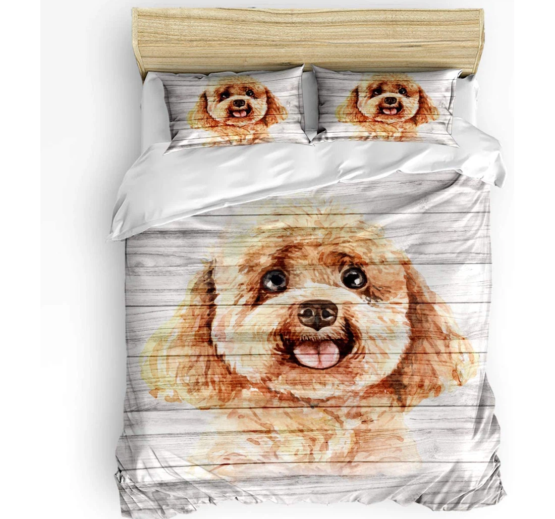 Personalized Bedding Set - Cute Teddy Dog Animal On Wooden Grain Cozy Included 1 Ultra Soft Duvet Cover or Quilt and 2 Lightweight Breathe Pillowcases