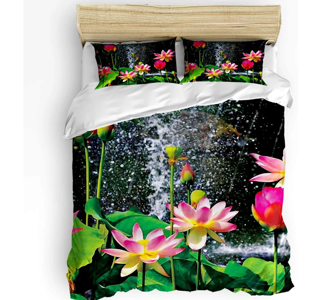 Personalized Bedding Set - Lotus Blooming The Pond Cozy Included 1 Ultra Soft Duvet Cover or Quilt and 2 Lightweight Breathe Pillowcases