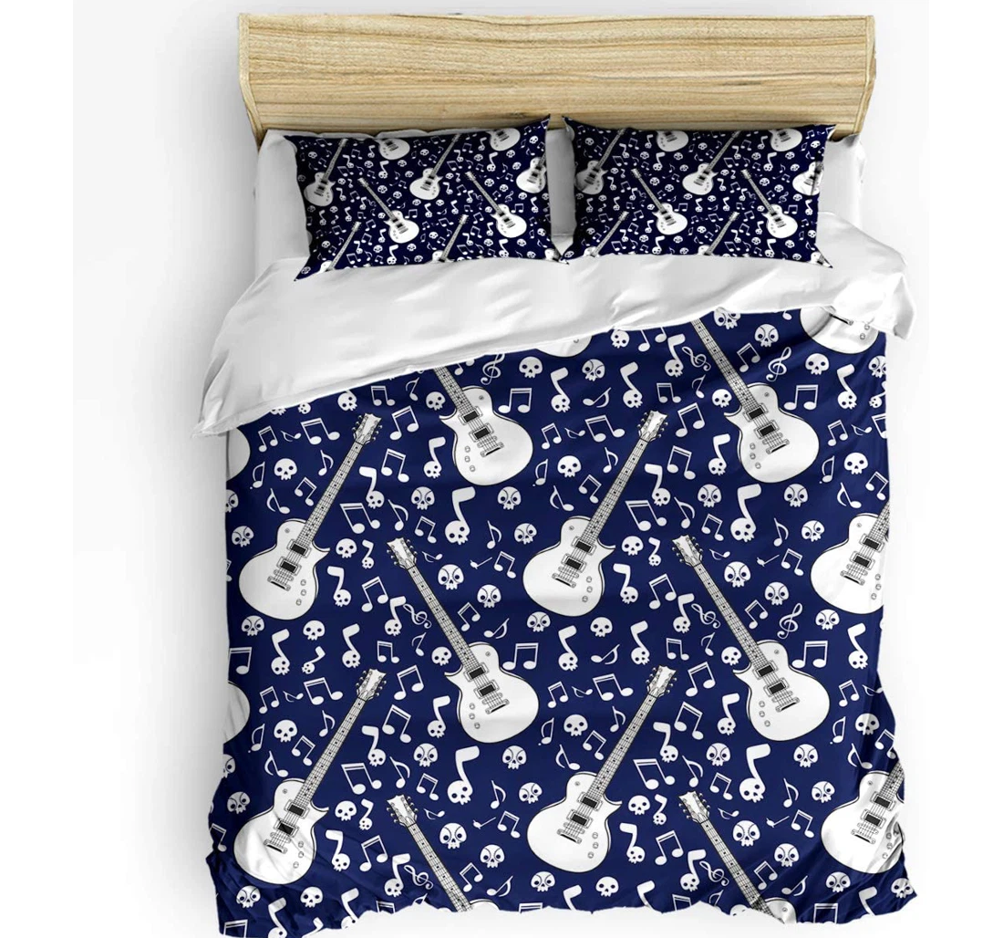 Personalized Bedding Set - Mexican Guitar Music Skull Cozy Death Day Indigo Backdrop Included 1 Ultra Soft Duvet Cover or Quilt and 2 Lightweight Breathe Pillowcases