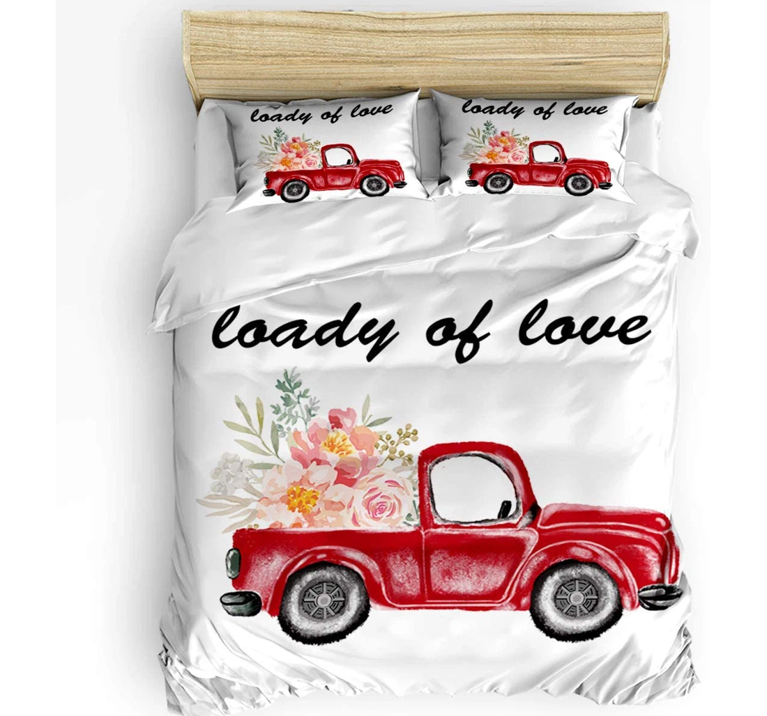 Personalized Bedding Set - Truck Roading Colored Flower Cozy Included 1 Ultra Soft Duvet Cover or Quilt and 2 Lightweight Breathe Pillowcases