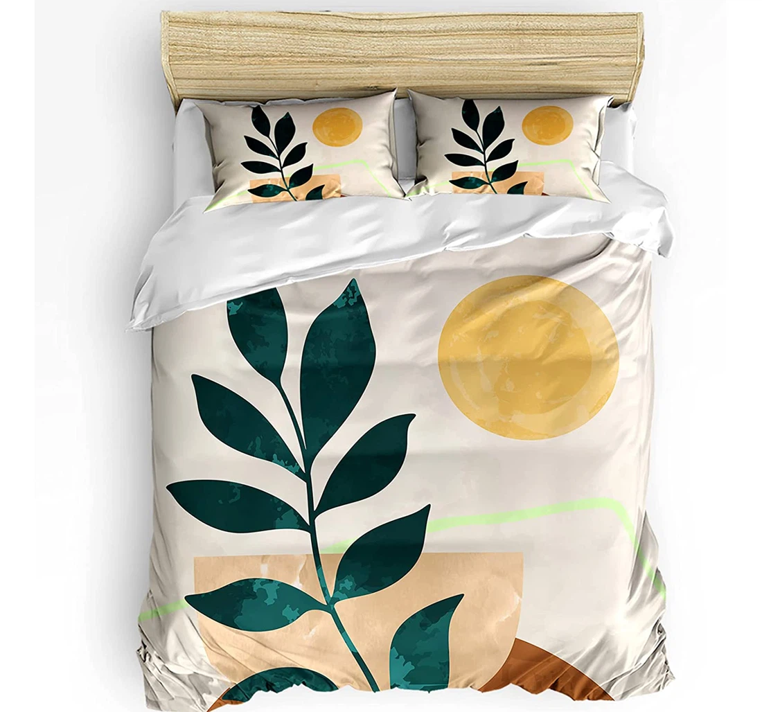 Bedding Set - Art Minimalist Cozy Leaves Sun Paint Included 1 Ultra Soft Duvet Cover or Quilt and 2 Lightweight Breathe Pillowcases