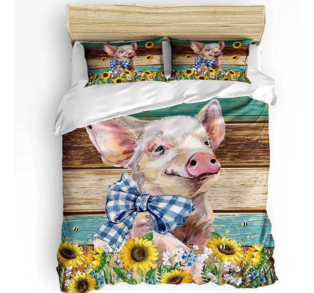 Personalized Bedding Set - Rural Style Pig Sunflower Text Theme Wooden Backdrop Included 1 Ultra Soft Duvet Cover or Quilt and 2 Lightweight Breathe Pillowcases