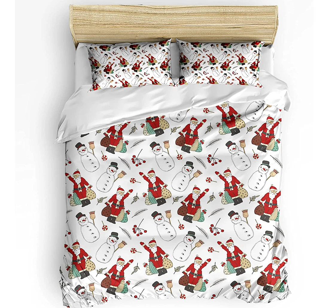 Personalized Bedding Set - Christmas Santa Clauses Snowman Sketch Included 1 Ultra Soft Duvet Cover or Quilt and 2 Lightweight Breathe Pillowcases