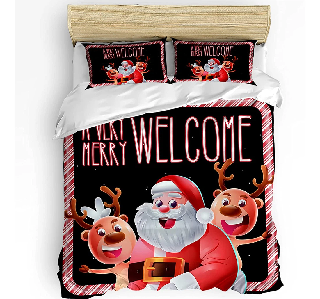 Personalized Bedding Set - Christmas Santa Elk Illustraction Merry Welcome Included 1 Ultra Soft Duvet Cover or Quilt and 2 Lightweight Breathe Pillowcases