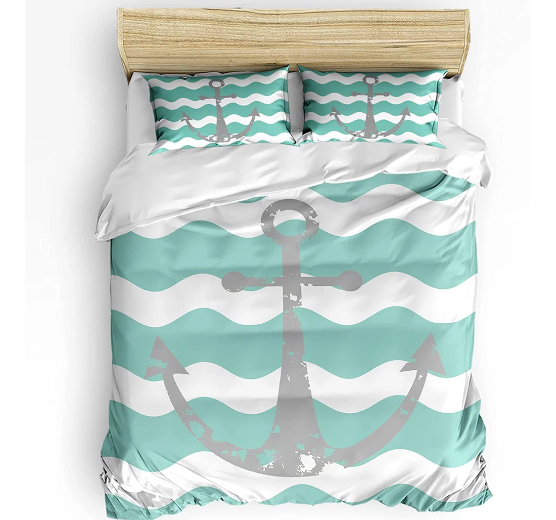 Personalized Bedding Set - Gray Ocean Anchor Cozy Turquoise Ripple Waves Included 1 Ultra Soft Duvet Cover or Quilt and 2 Lightweight Breathe Pillowcases