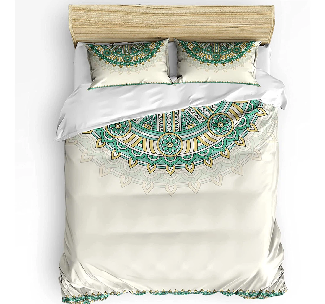 Personalized Bedding Set - Bohemia Style Floral Cozy Green Geometry Mandala Included 1 Ultra Soft Duvet Cover or Quilt and 2 Lightweight Breathe Pillowcases