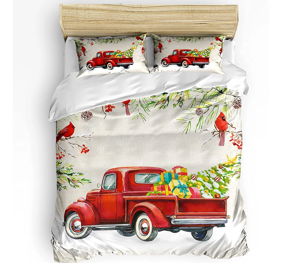 Personalized Bedding Set - Christmas Truck Robin Bird Burlap Theme Included 1 Ultra Soft Duvet Cover or Quilt and 2 Lightweight Breathe Pillowcases