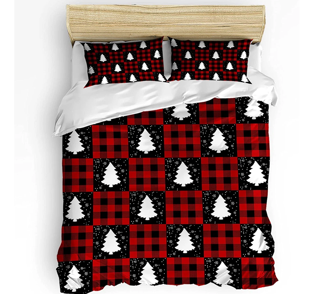 Personalized Bedding Set - Christmas Tree Black Checkered Plaid Included 1 Ultra Soft Duvet Cover or Quilt and 2 Lightweight Breathe Pillowcases