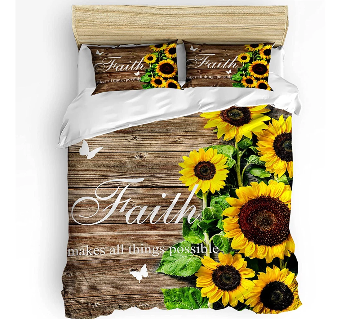 Personalized Bedding Set - Thankful-grateful-blessed Cozy Sunflower Retro Wooden Plank Included 1 Ultra Soft Duvet Cover or Quilt and 2 Lightweight Breathe Pillowcases