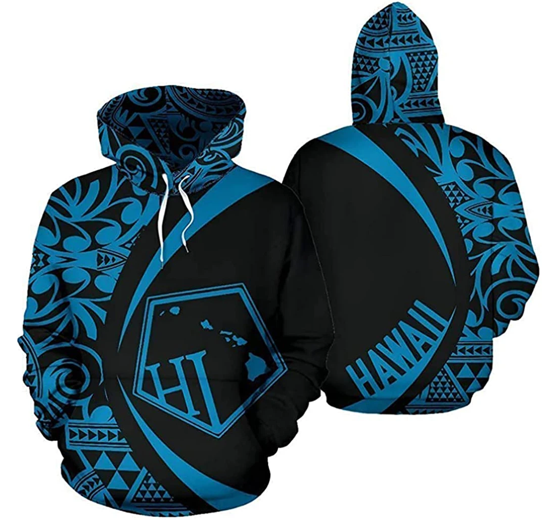 Hawaii Polynesian Tribal Circle Style Blue Color - 3D Printed Pullover Hoodie