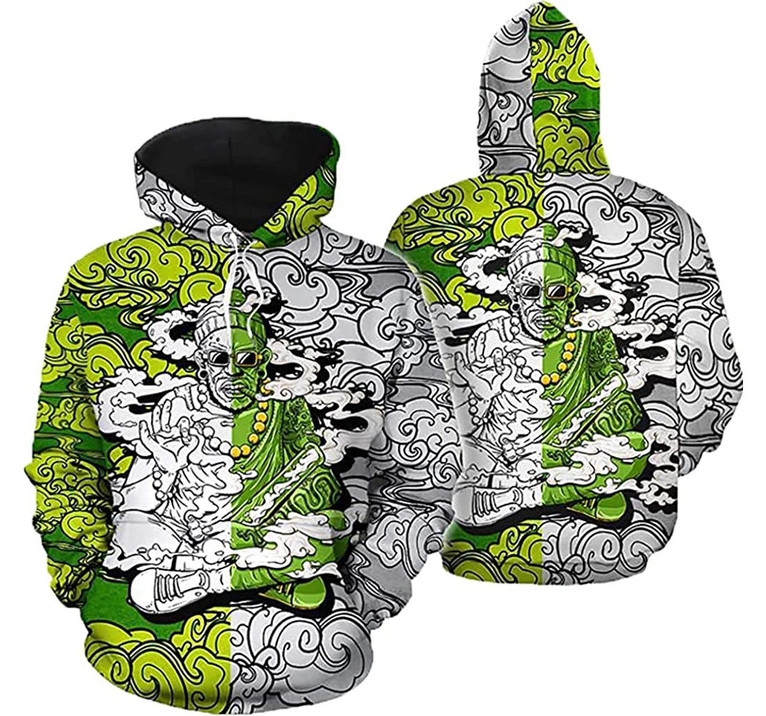 Floating Monk High On Marijuana Green White Graphic - 3D Printed Pullover Hoodie