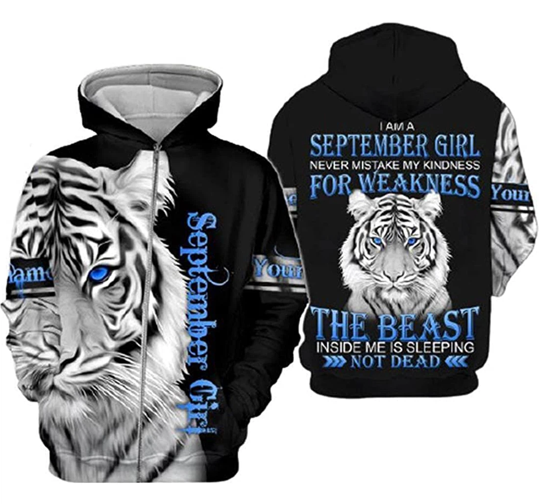 Personalized Tiger I Am A September Girl The Beast Inside Me Is Sleeping Not Dead - 3D Printed Pullover Hoodie