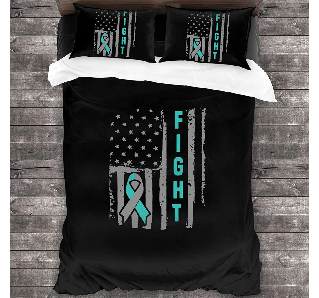 Personalized Bedding Set - Fight Cervical Cancer Awareness American Flag Included 1 Ultra Soft Duvet Cover or Quilt and 2 Lightweight Breathe Pillowcases