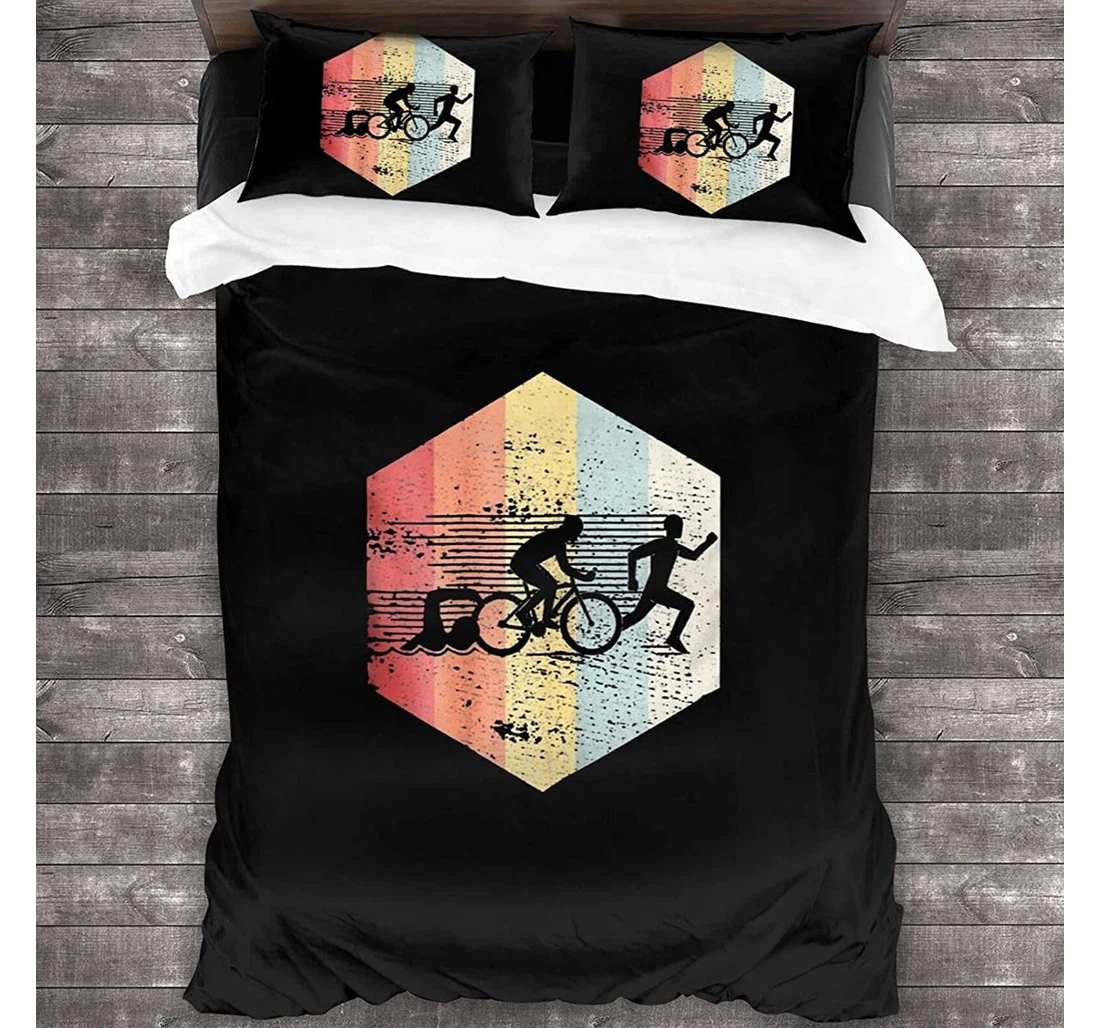 Personalized Bedding Set - Vintage Swim Bike Run Triathlon Included 1 Ultra Soft Duvet Cover or Quilt and 2 Lightweight Breathe Pillowcases